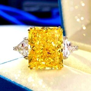 10.02 Ct. Yellow Sapphire & White Zircon Cocktail Ring 18K White Gold 925 Silver